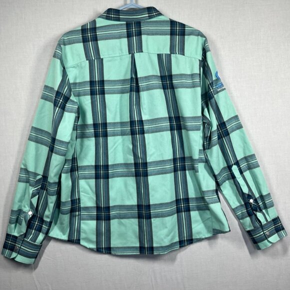 Flylow Shirt Mens XL Blue Green Plaid Snap Button Corbetts Ski Snowboard Logo - Picture 3 of 11